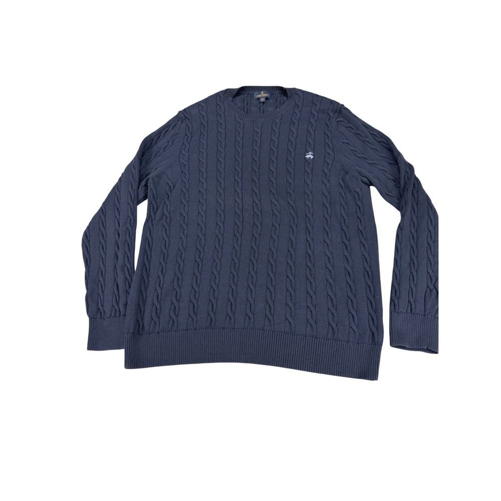 Brooks Brothers Mens XL Navy Blue Supima Cotton Cable Knit Crewneck Sweater Logo